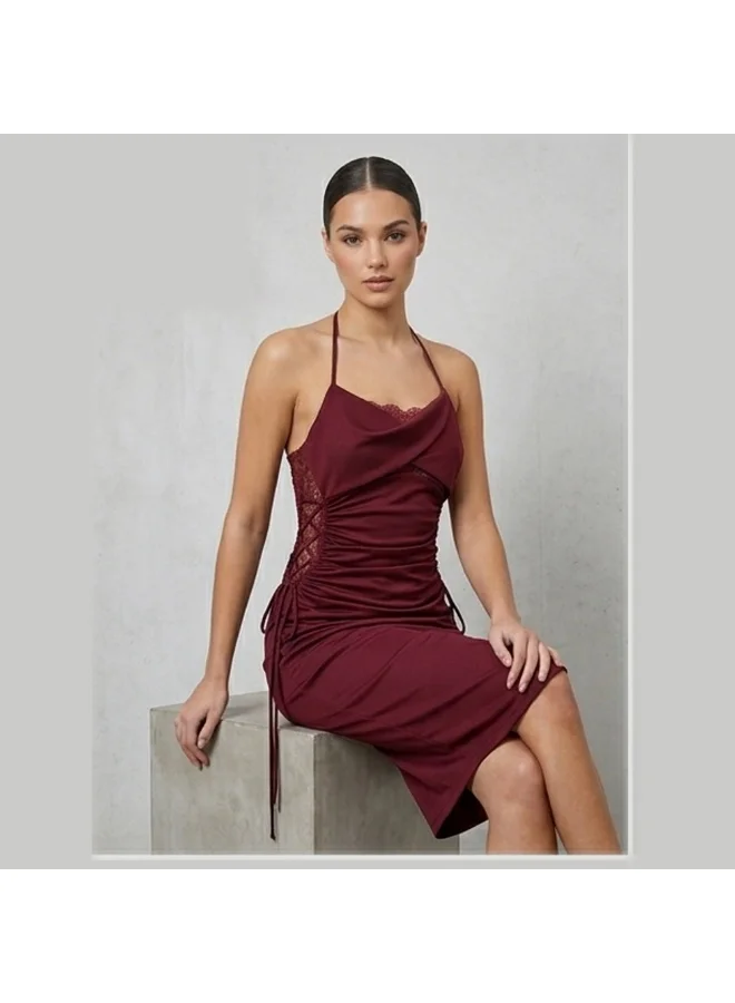 Caprisious  Elegant Burgundy Halter Neck Ruched Midi Dress with Lace Detailing for Women | Best Price UAE