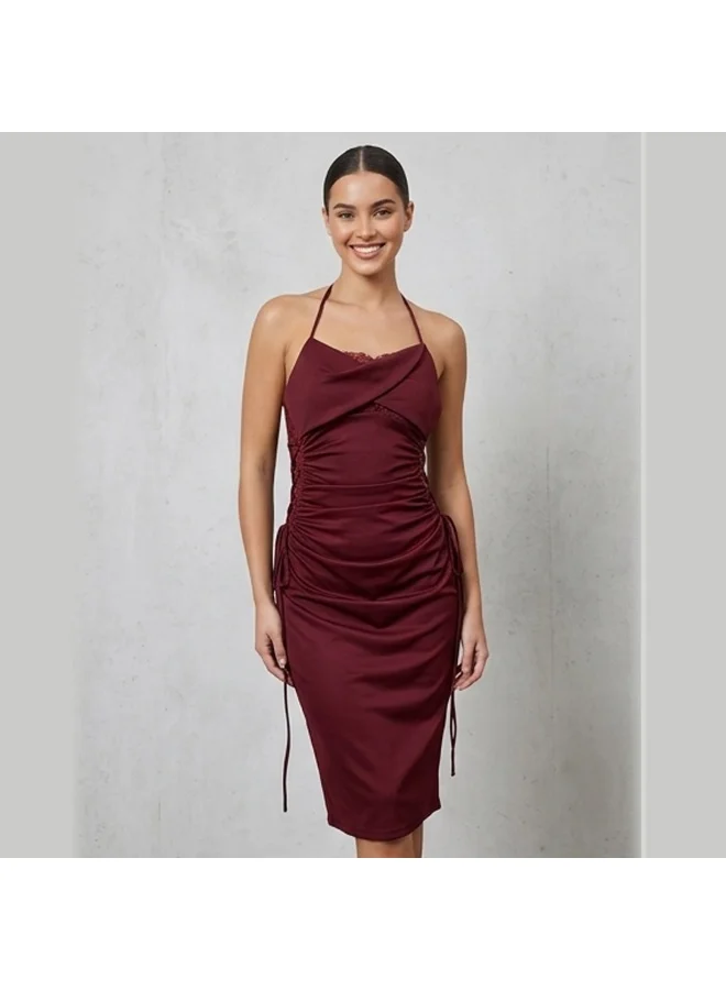 Caprisious  Elegant Burgundy Halter Neck Ruched Midi Dress with Lace Detailing for Women | Best Price UAE
