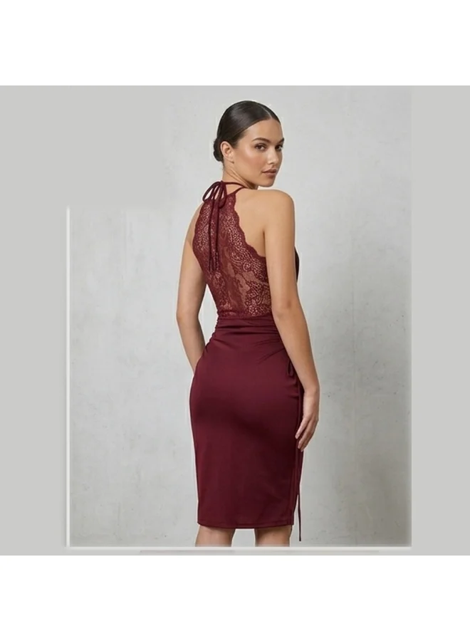 Caprisious Elegant Burgundy Halter Neck Ruched Midi Dress with Lace Detailing