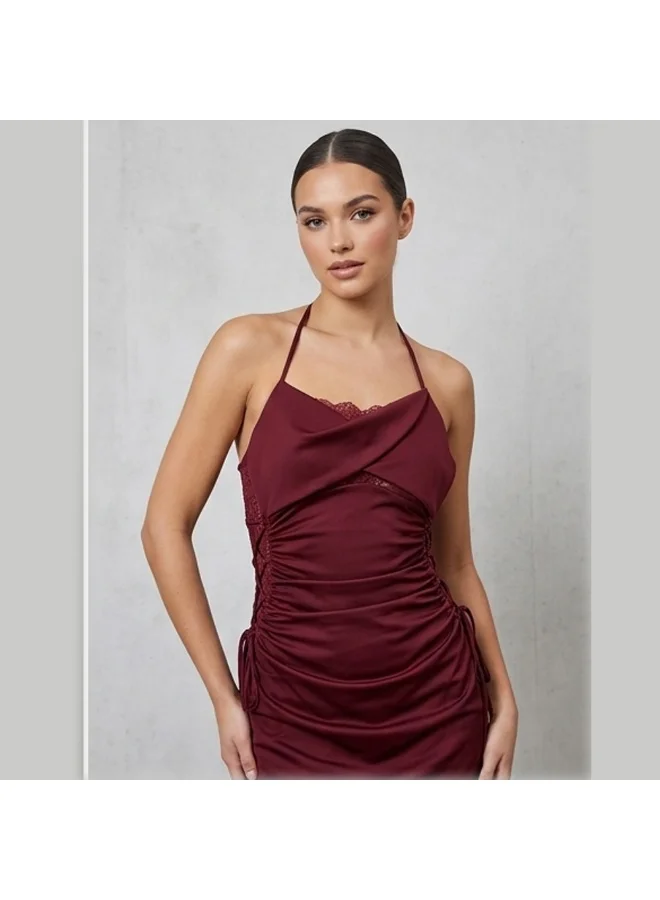 Caprisious  Elegant Burgundy Halter Neck Ruched Midi Dress with Lace Detailing for Women | Best Price UAE