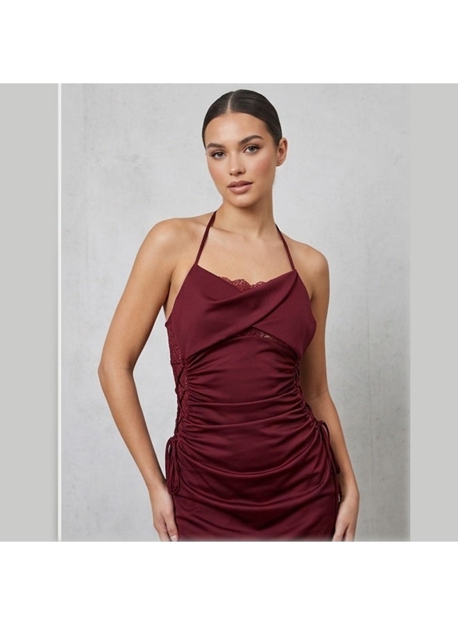Caprisious Elegant Burgundy Halter Neck Ruched Midi Dress with Lace Detailing - Image 5