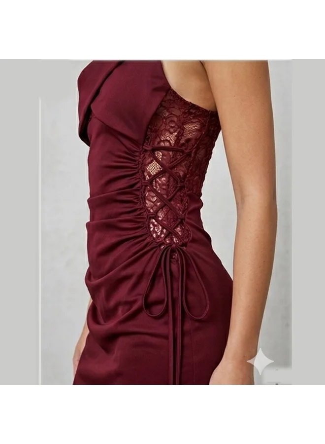 Caprisious  Elegant Burgundy Halter Neck Ruched Midi Dress with Lace Detailing for Women | Best Price UAE