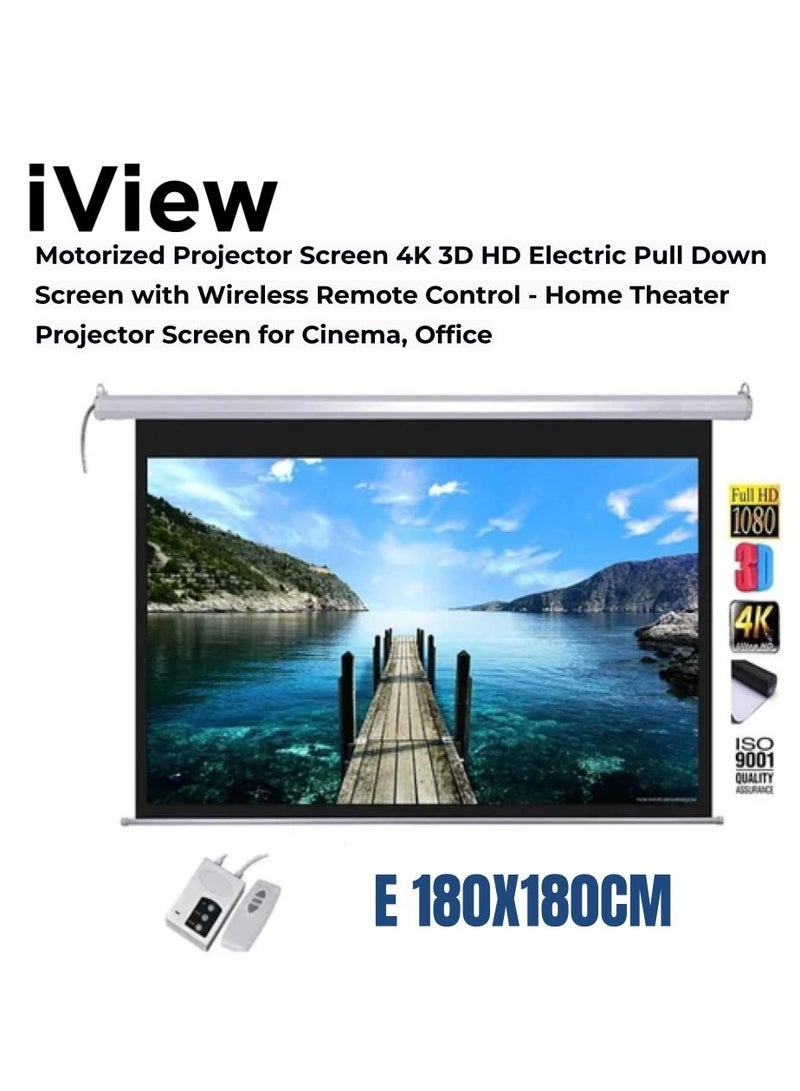 iView 180×180 cm (96″) Electric Projection Screen – MaxWhite Matte Surface with 1.1 Gain, RF Remote & Wall Switch, Spring Auto-Lock, Dual Wall/Ceiling Install, Black Masking Borders