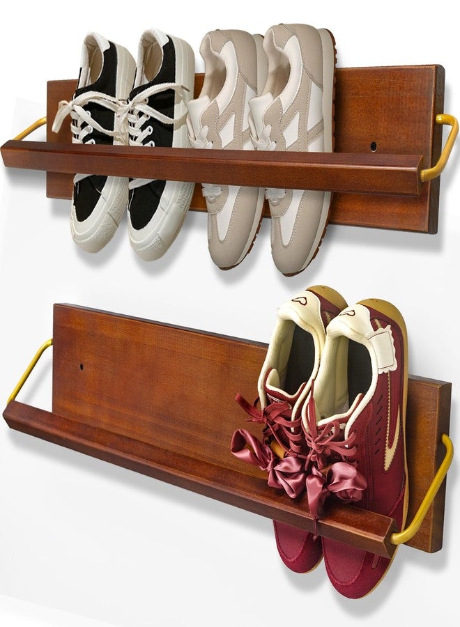 GOSR Wall Mounted Shoe Rack 2 Pcs, Solid Wood Wall Hanging Small Shoe Storage, Organize for Shoes, Sneaker, Slipper and Boots in Narrow Spaces, Entryway, Hallway, Trailer or RV, Walnut Color (28.5'' Long) - Image 1