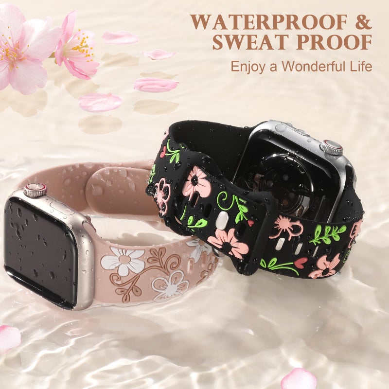 Witzon Floral Band Compatible with Apple Watch Bands For Women 40mm 41mm 38mm 42mm 44mm 45mm 46mm 49mm, Engraved Cute Flower Soft Silicone Strap for iWatch Series 11 10 9 8 7 6 5 4 3 2 1 SE Ultra - Image 5