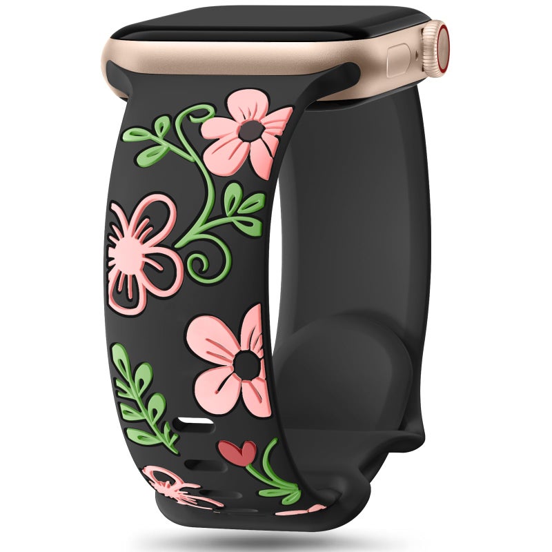 Witzon Floral Band Compatible with Apple Watch Bands For Women 40mm 41mm 38mm 42mm 44mm 45mm 46mm 49mm, Engraved Cute Flower Soft Silicone Strap for iWatch Series 11 10 9 8 7 6 5 4 3 2 1 SE Ultra - Image 1