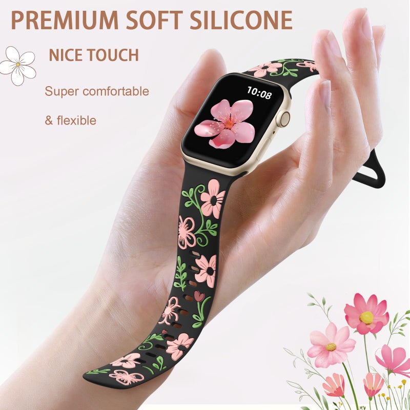 Witzon Floral Band Compatible with Apple Watch Bands For Women 40mm 41mm 38mm 42mm 44mm 45mm 46mm 49mm, Engraved Cute Flower Soft Silicone Strap for iWatch Series 11 10 9 8 7 6 5 4 3 2 1 SE Ultra - Image 3