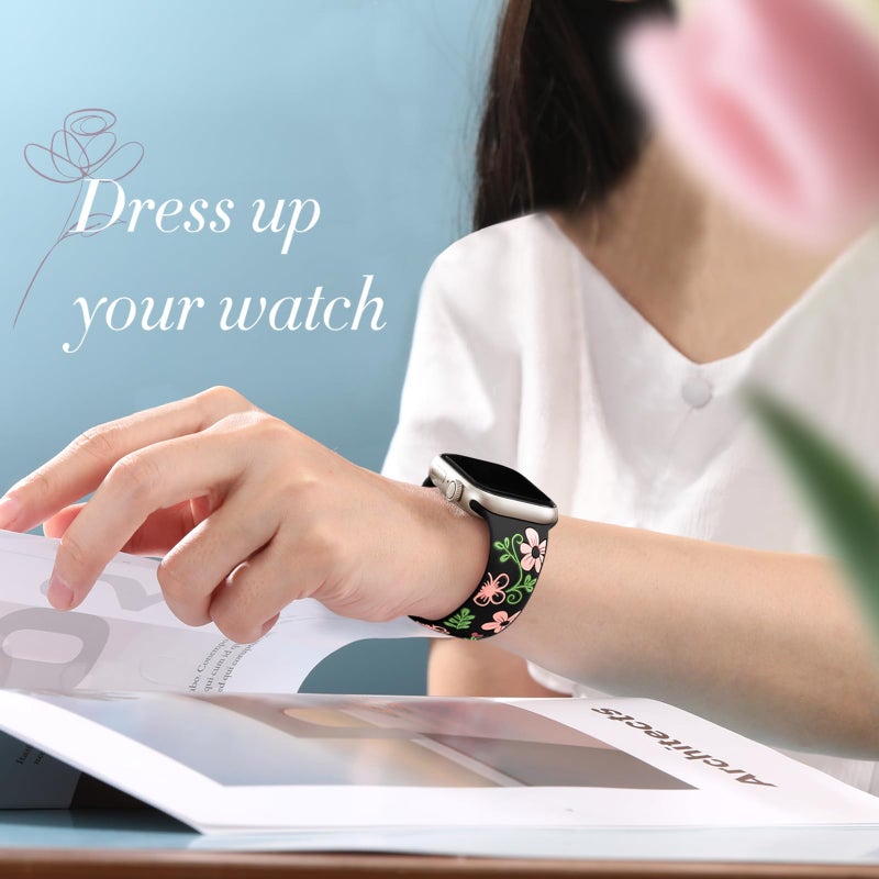Witzon Floral Band Compatible with Apple Watch Bands For Women 40mm 41mm 38mm 42mm 44mm 45mm 46mm 49mm, Engraved Cute Flower Soft Silicone Strap for iWatch Series 11 10 9 8 7 6 5 4 3 2 1 SE Ultra - Image 2