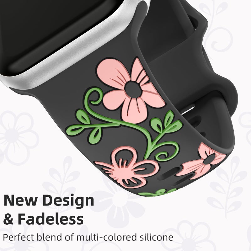 Witzon Floral Band Compatible with Apple Watch Bands For Women 40mm 41mm 38mm 42mm 44mm 45mm 46mm 49mm, Engraved Cute Flower Soft Silicone Strap for iWatch Series 11 10 9 8 7 6 5 4 3 2 1 SE Ultra - Image 4