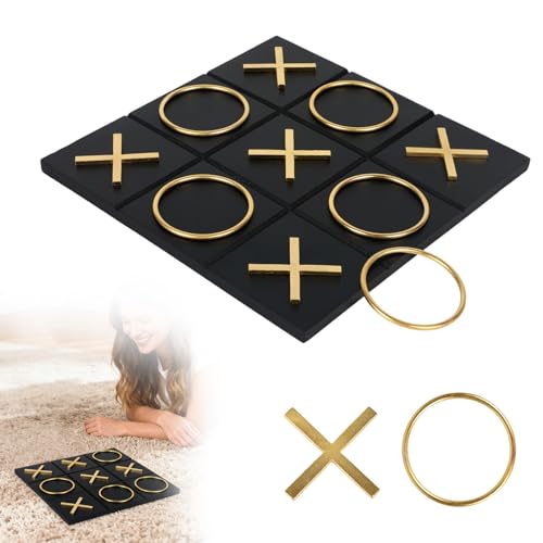 Kuabiz Tic Tac Toe Decor 10 x 10 Inch Wooden Black Wood Board with GoldSilver X and O Pieces Modern Minimalist Coffee Table Decor for Living Room Office and Bookshelf Display Gold - Image 1