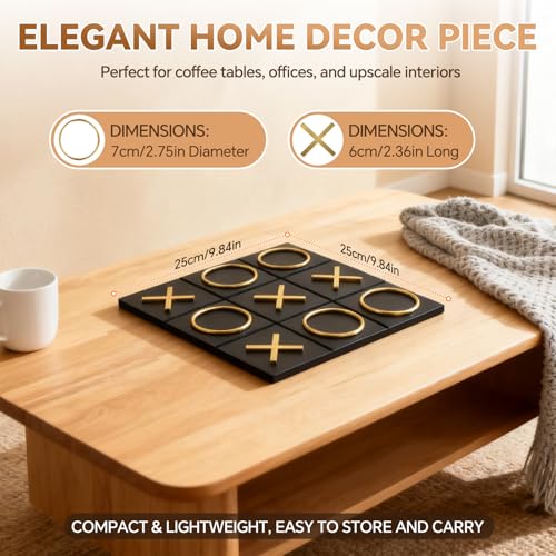 Kuabiz Tic Tac Toe Decor 10 x 10 Inch Wooden Black Wood Board with GoldSilver X and O Pieces Modern Minimalist Coffee Table Decor for Living Room Office and Bookshelf Display Gold - Image 5