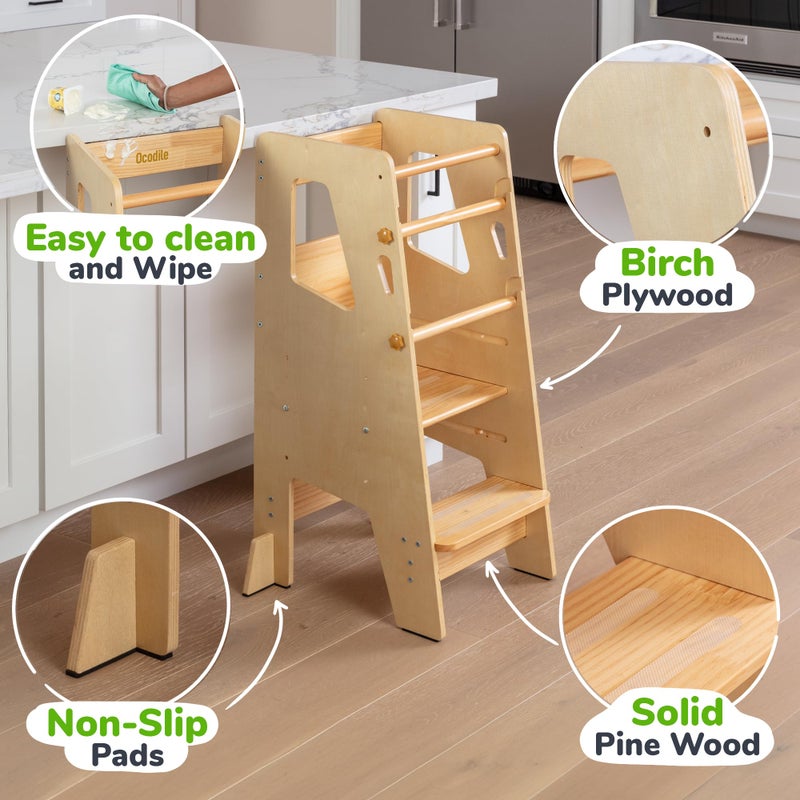 OCODILE Toddler Standing Tower - Adjustable Height Toddler Kitchen Stool Helper - Ideal Kids Kitchen Step Stool for Learning New Skills - Extra Secure with Safety Feet - Varnished - Image 3