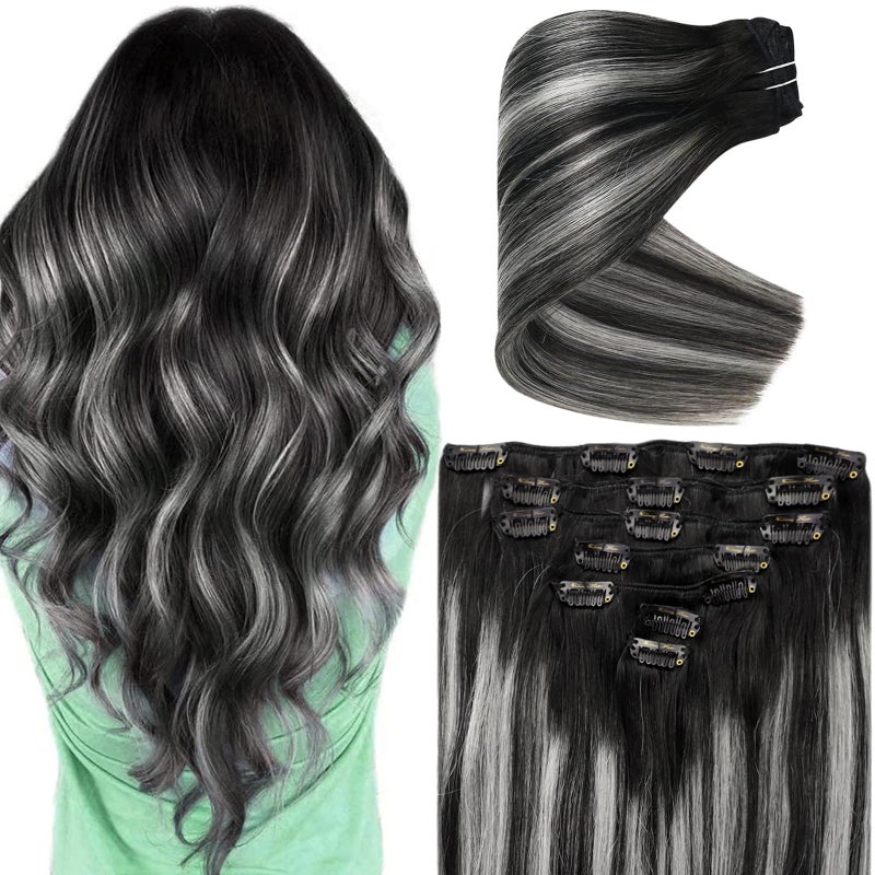 Ve Sunny Clip in Hair Extensions Real Human Hair Black Ombre Clip in Human Hair Extensions for Women Human Clip in Hair Extensions Natural Black Grey Silver Easytowear 7pcs 120g 20inch
