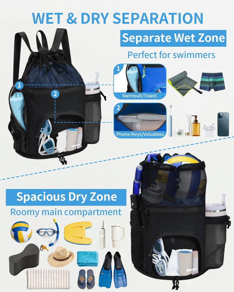 WANDF Swim Bag with Wet Pockets, Sandproof Beach Backpack with 40oz Tumbler Side Pockets, Mesh Drawstring Backpack Swim Bag for Swimming, Pool, Gym and Workout Gear (Black) - Image 3