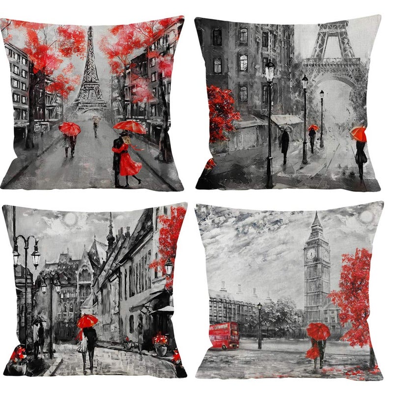 4 Packs Throw Pillow Covers 20 x 20 Inches Black & Red Color Eiffel Tower & Big Ben Pillow Case Decorative Cushion Cover for Soft, Home, Bedroom, Indoor or Out Door Pillowcase(Set of 4)