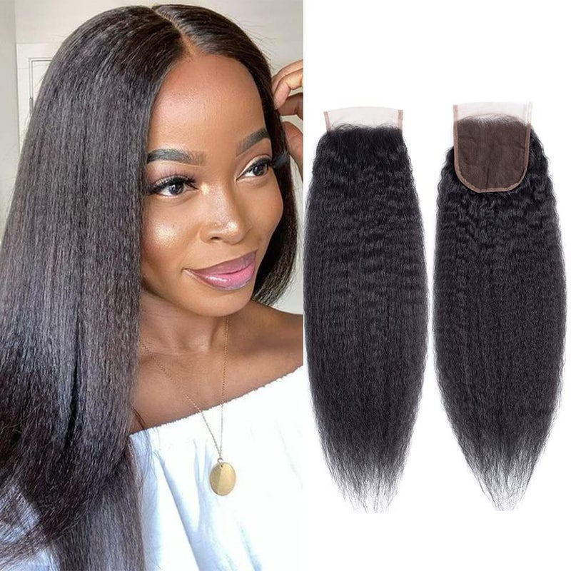 Brazilian Virgin Kinky Straight Human Hair 4x4 Lace closure 9A Grade Yaki Straight Hair Closure Free Part Natural Color 12Inch 4x4 Free Part
