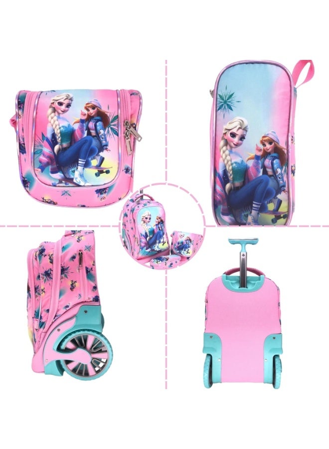 3pcs Pink Kids Rolling School Bag Set – School Trolley Bag with Lunch Bag & Pencil Case | 18″ Kid Luggage Bag with Wheels (E925-18BW3)  - Image 4