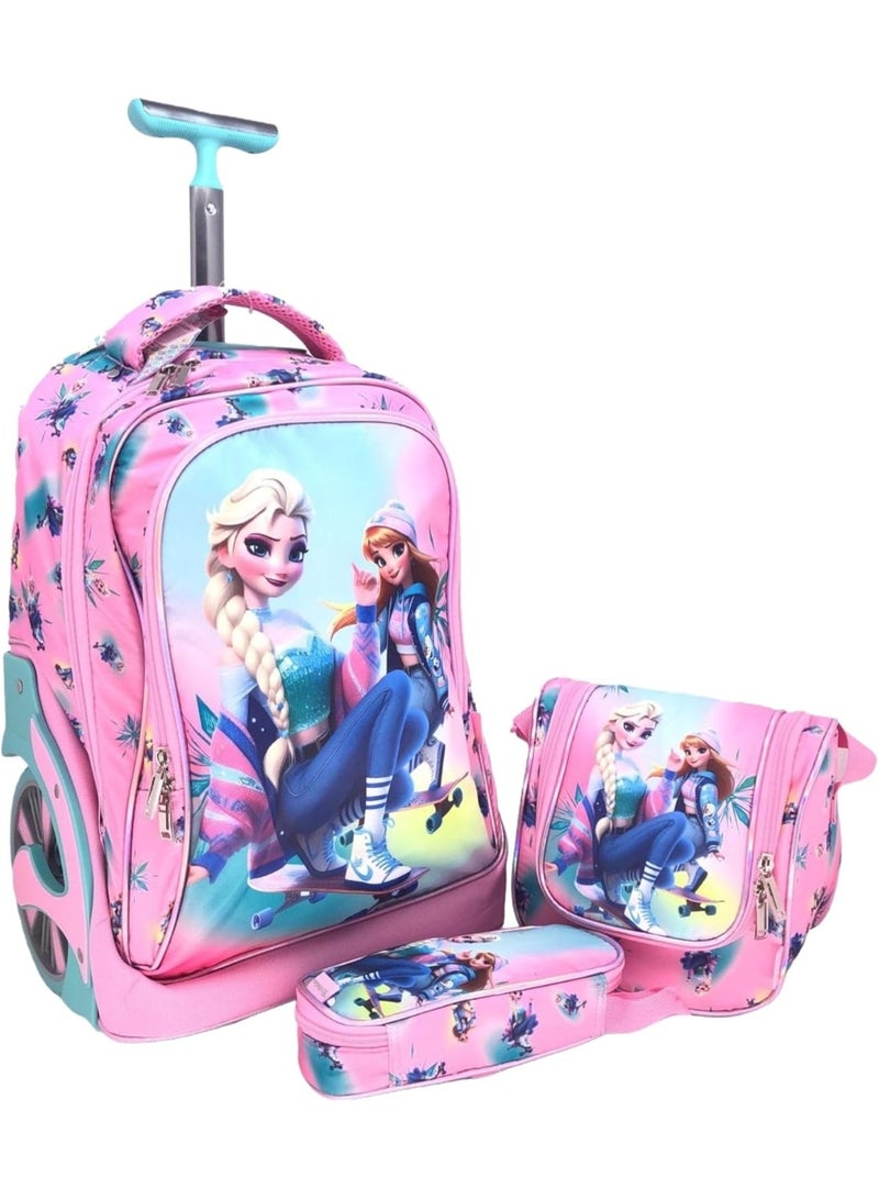 3pcs Pink Kids Rolling School Bag Set – School Trolley Bag with Lunch Bag & Pencil Case | 18″ Kid Luggage Bag with Wheels (E925-18BW3)  - Image 1