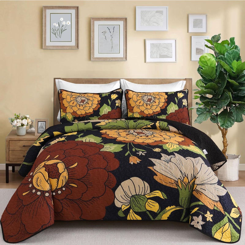 DJY Floral Quilt Set King Size Black Boho Bedspread Coverlet Set, 3 Piece Botanical Quilt Lightweight Microfiber Farmhouse Floral Bohemian Bedding Set with 2 Pillow Shams for All Season (110''x90'') - Image 1