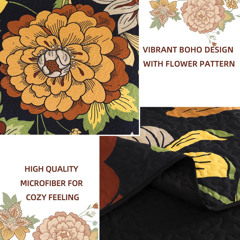 DJY Floral Quilt Set King Size Black Boho Bedspread Coverlet Set, 3 Piece Botanical Quilt Lightweight Microfiber Farmhouse Floral Bohemian Bedding Set with 2 Pillow Shams for All Season (110''x90'') - Image 5