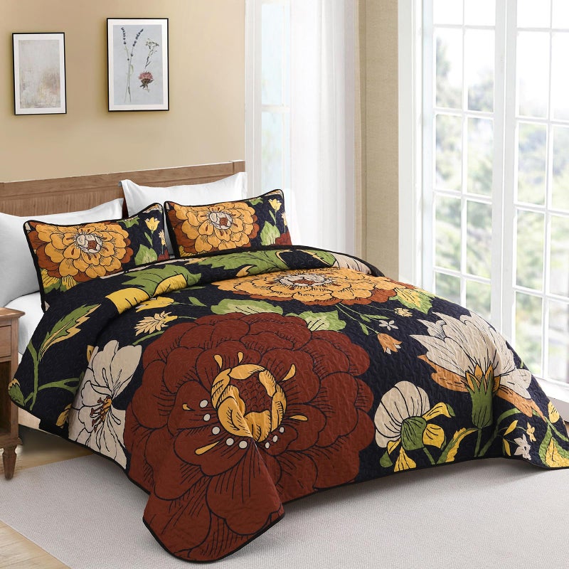 DJY Floral Quilt Set King Size Black Boho Bedspread Coverlet Set, 3 Piece Botanical Quilt Lightweight Microfiber Farmhouse Floral Bohemian Bedding Set with 2 Pillow Shams for All Season (110''x90'') - Image 2