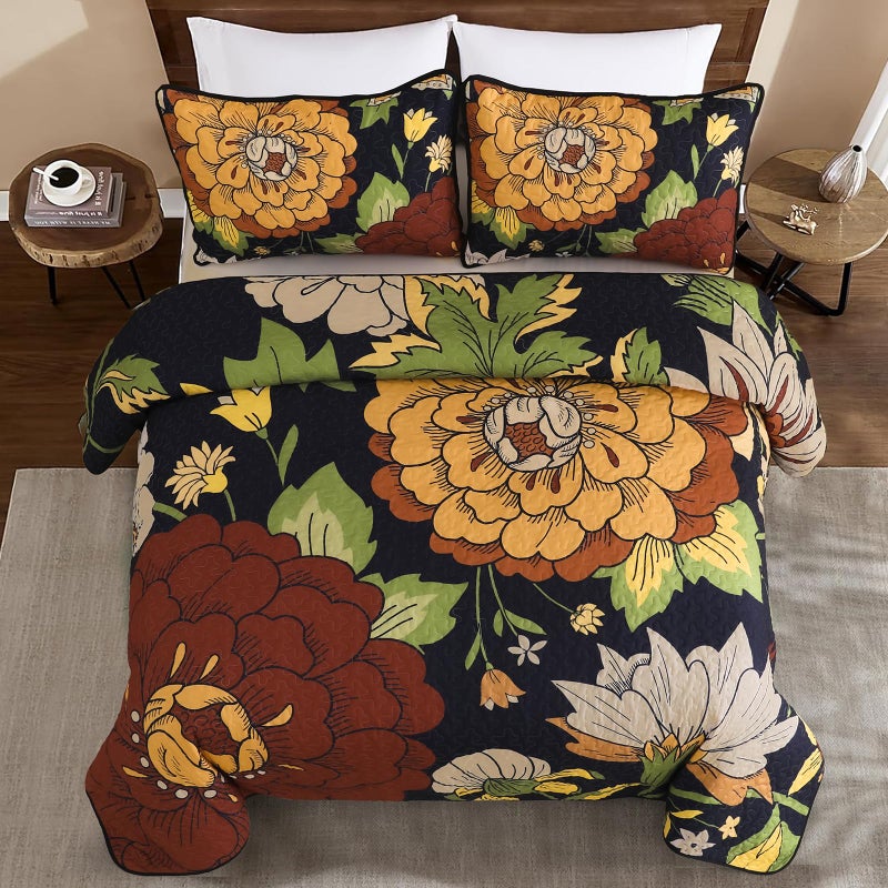 DJY Floral Quilt Set King Size Black Boho Bedspread Coverlet Set, 3 Piece Botanical Quilt Lightweight Microfiber Farmhouse Floral Bohemian Bedding Set with 2 Pillow Shams for All Season (110''x90'') - Image 3
