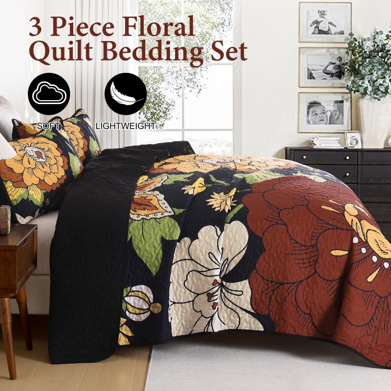 DJY Floral Quilt Set King Size Black Boho Bedspread Coverlet Set, 3 Piece Botanical Quilt Lightweight Microfiber Farmhouse Floral Bohemian Bedding Set with 2 Pillow Shams for All Season (110''x90'') - Image 4