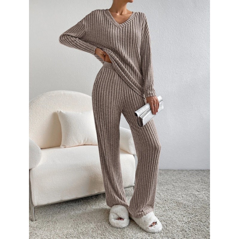 Cross-border Two-piece Womens 2024 Autumn New Fashion Casual Straight Pants Elegant Loose V-neck Pit Knitted Set Blue - Image 2