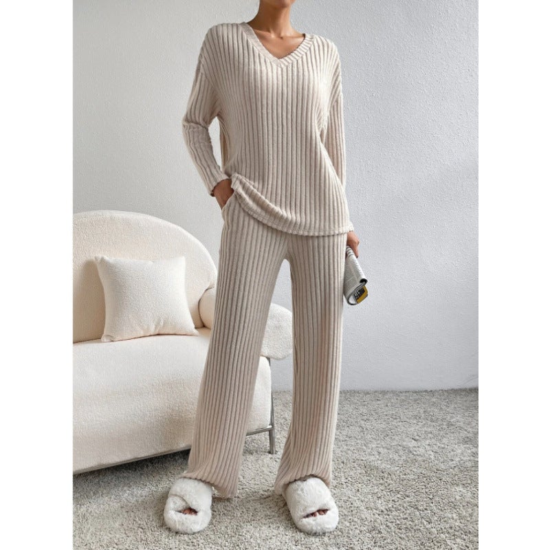 Cross-border Two-piece Womens 2024 Autumn New Fashion Casual Straight Pants Elegant Loose V-neck Pit Knitted Set Blue - Image 3