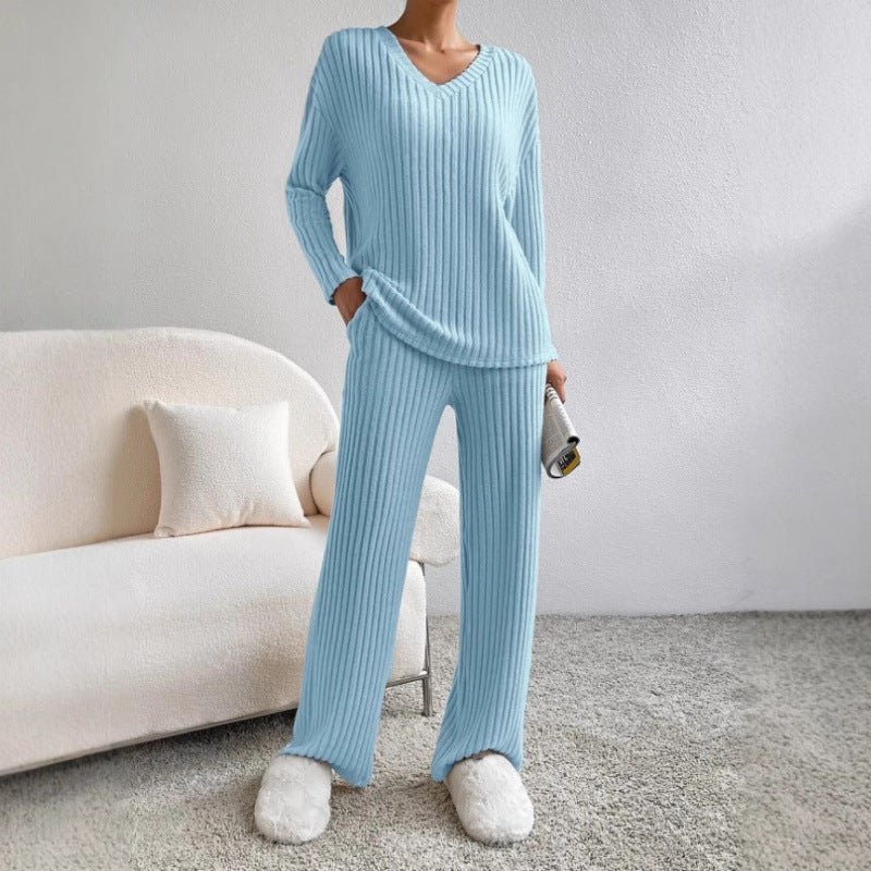 Cross-border Two-piece Womens 2024 Autumn New Fashion Casual Straight Pants Elegant Loose V-neck Pit Knitted Set Blue - Image 5