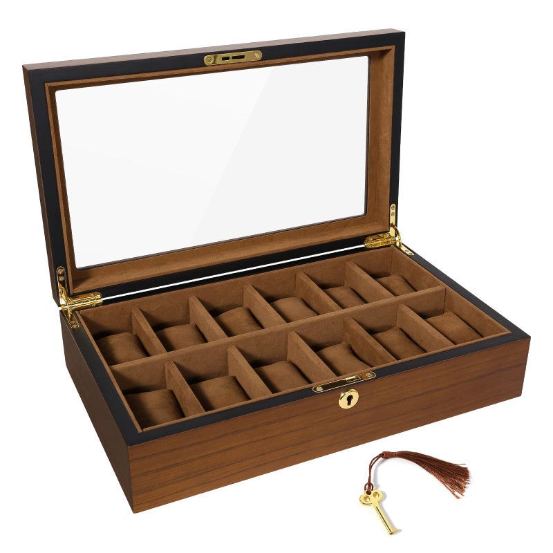 Uten Watch Box with 12 Slots Watch Case Organizer with Golden Lock and Key Wooden Watch Display Storage Box with Removable Watch Cushions Velvet Lining Metal Clasp