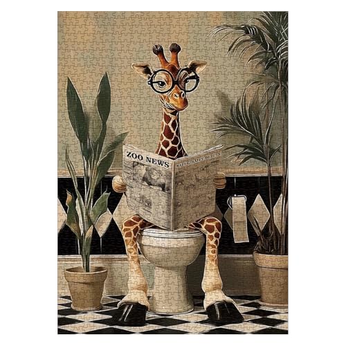 Larkipuzz Funny Giraffe Newspaper Puzzles for Adults 1000 Pieces Vintage Cute Bathroom Animal Jigsaw Puzzle Difficult Toilet Paper Art Puzzles - Image 5