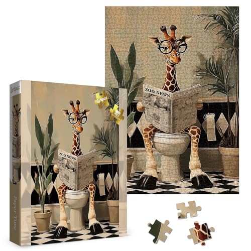 Larkipuzz Funny Giraffe Newspaper Puzzles for Adults 1000 Pieces Vintage Cute Bathroom Animal Jigsaw Puzzle Difficult Toilet Paper Art Puzzles - Image 1