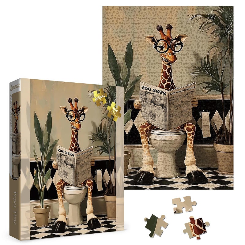 Larkipuzz Funny Giraffe Newspaper Puzzles for Adults 1000 Pieces Vintage Cute Bathroom Animal Jigsaw Puzzle Difficult Toilet Paper Art Puzzles - Image 3