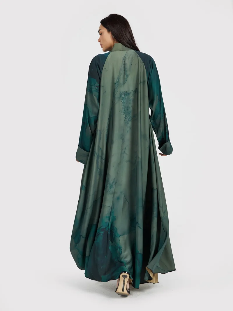 Reem Abayas  Forest Green Marble Print Flowing Abaya - Designer Modest Wear for Women | Best Price UAE