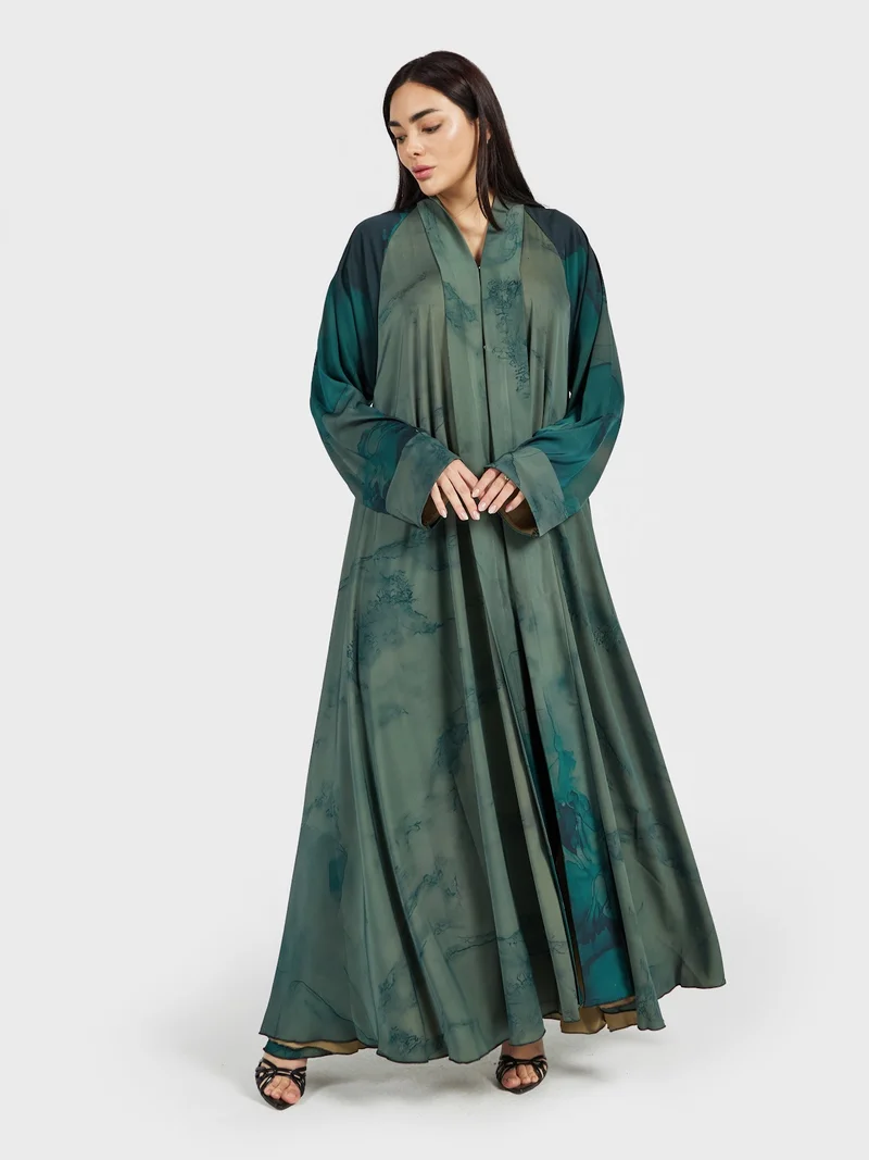 Reem Abayas Forest Green Marble Print Flowing Abaya - Designer Modest Wear