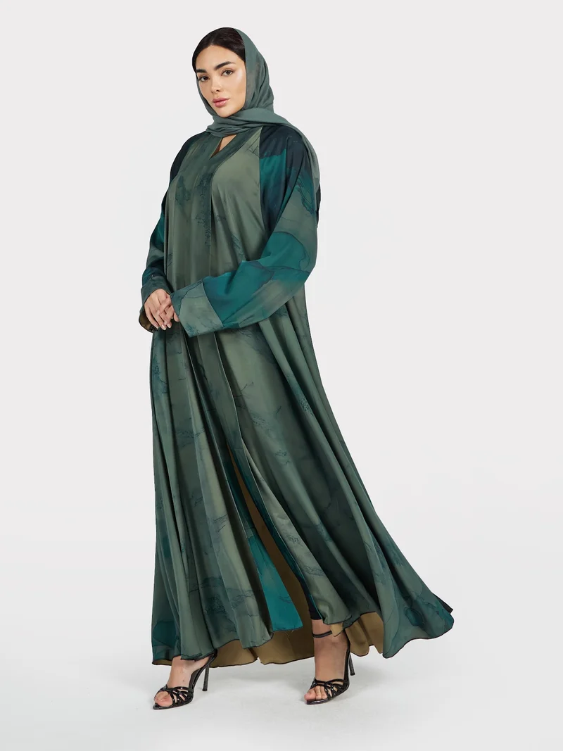 Forest Green Marble Print Flowing Abaya - Designer Modest Wear