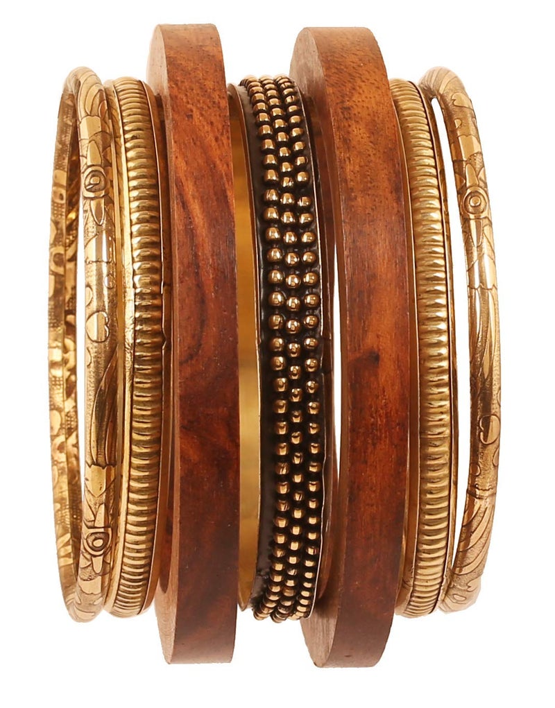 Touchstone Indian Bollywood Handcrafted Pretty Assorted Pattern Designer Jewelry Brass And Wooden Xtra Large Bangle Bracelets Set of 7 In Antique Gold And Natural Tones For Women. - Image 1