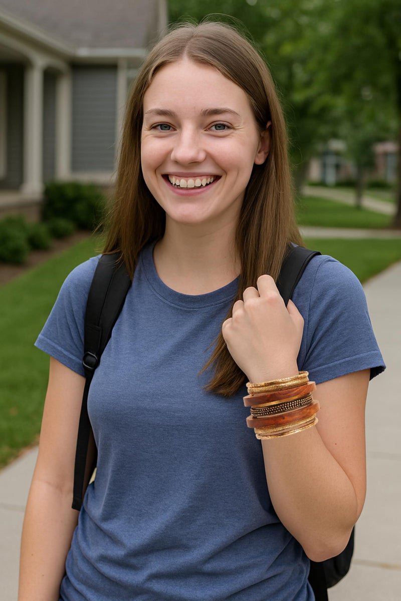 Touchstone Indian Bollywood Handcrafted Pretty Assorted Pattern Designer Jewelry Brass And Wooden Xtra Large Bangle Bracelets Set of 7 In Antique Gold And Natural Tones For Women. - Image 4