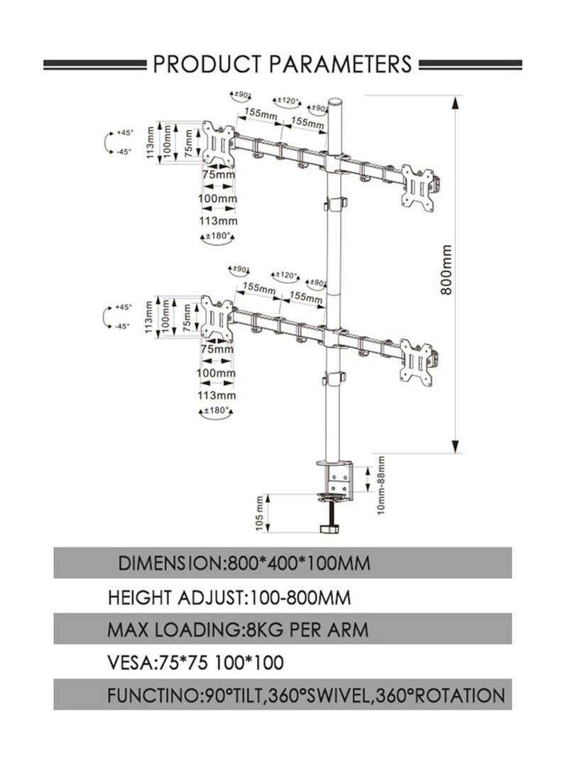 ELTRAZONE Quad LED LCD Monitor Desk Mount Adjustable Stand Holder Heavy Duty for 4 Screens 14"-26" | Height Adjustable | Gaming | Trading | Video Editing | Surveillance - Image 4