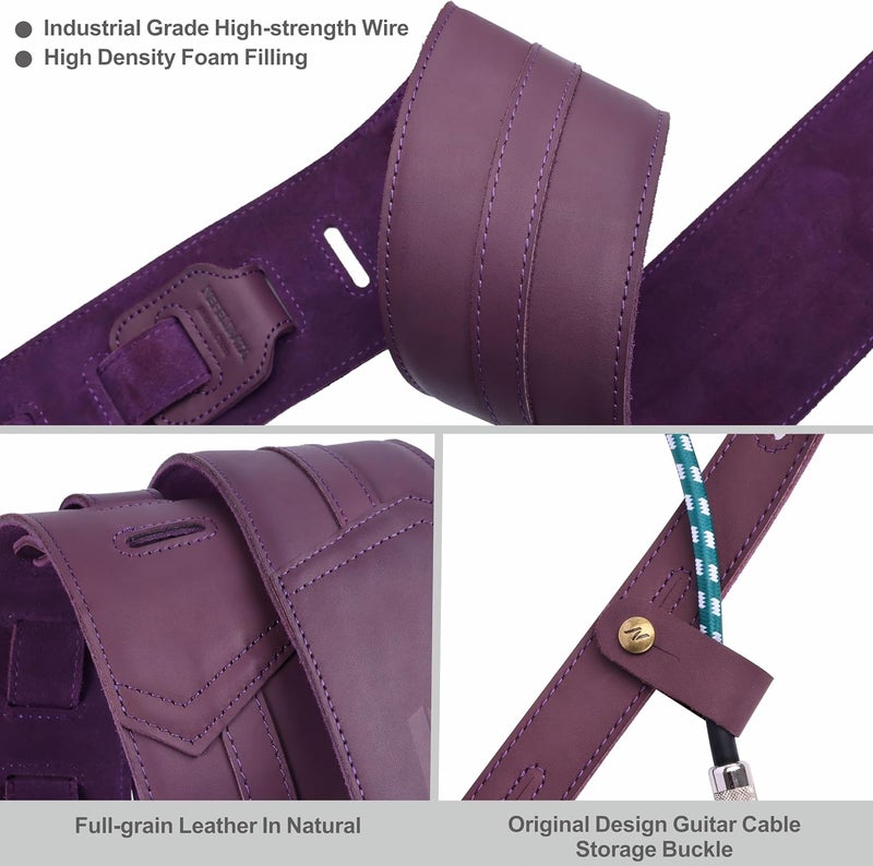 Nefelibata 3" Wide Full Grain Leather Guitar Strap - Dark Purple - Image 2