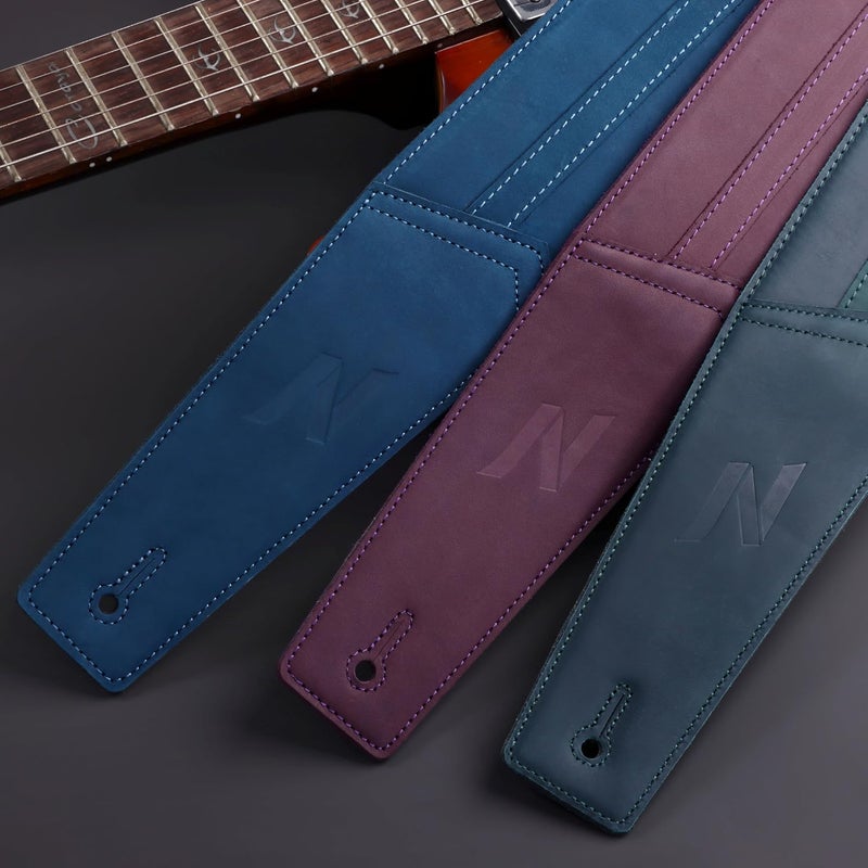 Nefelibata 3" Wide Full Grain Leather Guitar Strap - Dark Purple - Image 5