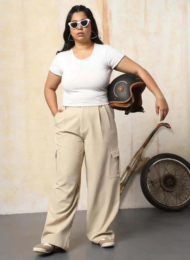 HIGH STAR Women Loose Fit High-Rise Wrinkle Free Pleated korean Cargo Trousers