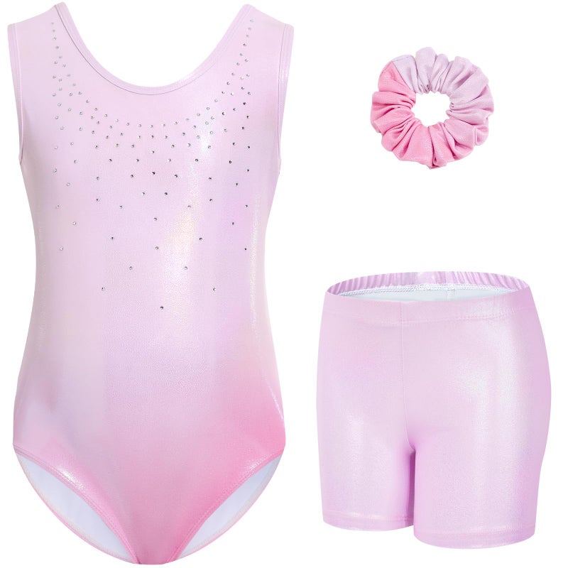Gogokids Gymnastics Leotards for Girls Sparkly Rhinestone Dance Unitards Biketards with Shorts Activewear, Pink Gradient-B, 8-9 Years - Image 1