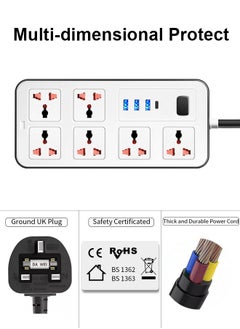 Zvezvia Extension Cord Protector Power Strip with 6 Outlets, 3 USB-A Ports, 1 USB-C Port, Flat Plug, Wall Mountable, Desk USB Charging Station, Ideal for All Electronic Devices, White, 220x110x30mm.  - Image 2