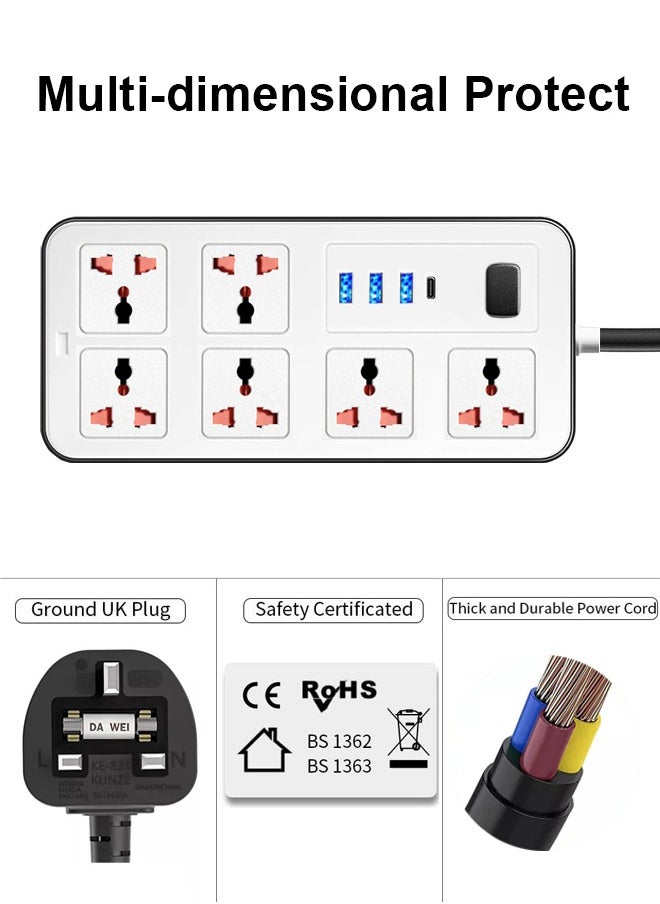 Zvezvia Extension Cord Protector Power Strip with 6 Outlets, 3 USB-A Ports, 1 USB-C Port, Flat Plug, Wall Mountable, Desk USB Charging Station, Ideal for All Electronic Devices, White, 220x110x30mm.  - Image 2
