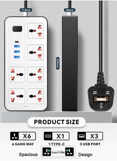 Zvezvia Extension Cord Protector Power Strip with 6 Outlets, 3 USB-A Ports, 1 USB-C Port, Flat Plug, Wall Mountable, Desk USB Charging Station, Ideal for All Electronic Devices, White, 220x110x30mm.  - Image 1
