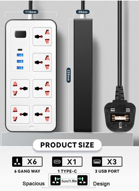 Extension Cord Protector Power Strip with 6 Outlets, 3 USB-A Ports, 1 USB-C Port, Flat Plug, Wall Mountable, Desk USB Charging Station, Ideal for All Electronic Devices, White, 220x110x30mm.