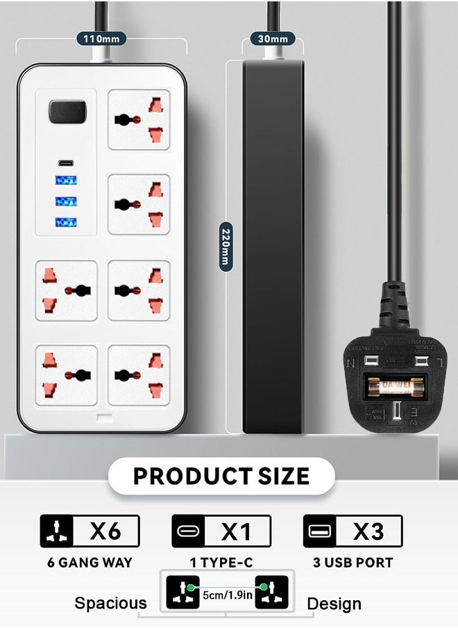 Zvezvia Extension Cord Protector Power Strip with 6 Outlets, 3 USB-A Ports, 1 USB-C Port, Flat Plug, Wall Mountable, Desk USB Charging Station, Ideal for All Electronic Devices, White, 220x110x30mm.  - Image 1