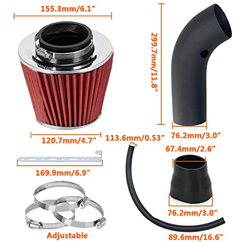 MOOSUN 3" Universal Cold Air Intake Kit Intake Pipe Kit Aluminium Automotive Air Intake Air Filter Induction Flow Hose Pipe Kit Red Filter - Image 4